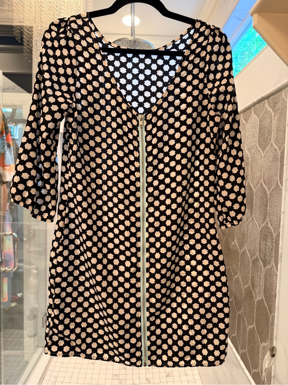 Black & Cream Printed Women's Zip-back Dress